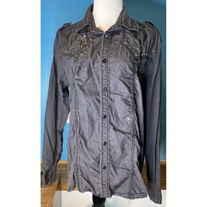 ROAR Men's Black Embroidered Rhinestone Slim Fit Buttoned Shirt Size XL